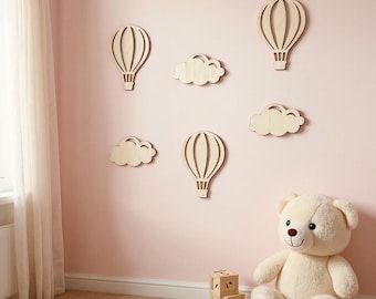 Muurdecoratie heteluchtballon | Muurkunstset wolk kinderkamer | Babykamerdecoratie | Boho kinderslaapkamer boven wieg speelkamerdecoraties