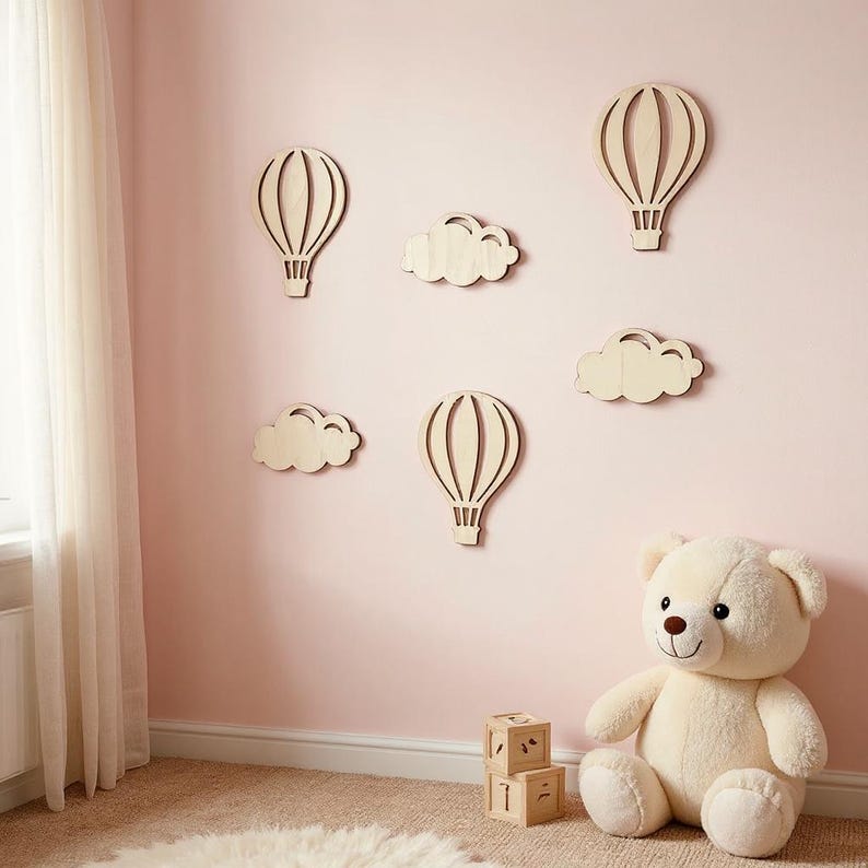 Wooden Hot Air Balloon Wall Decor | Nursery Cloud Wall Art Set | Baby ...