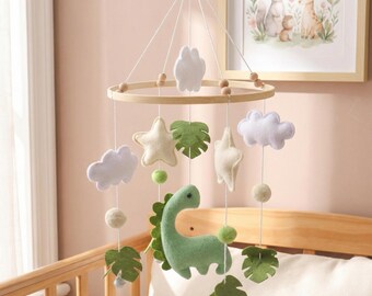Babymobiel voor wieg - decoratie dinosaurus en ster - boho houtlook ring hangende mobiel - kraamcadeau