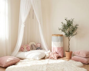 Kinderbedhemel en leeshoektent | Dromerige 7-laags draperie | Boho Fairycore-kinderkamerdecoratie met optionele sterrenverlichting