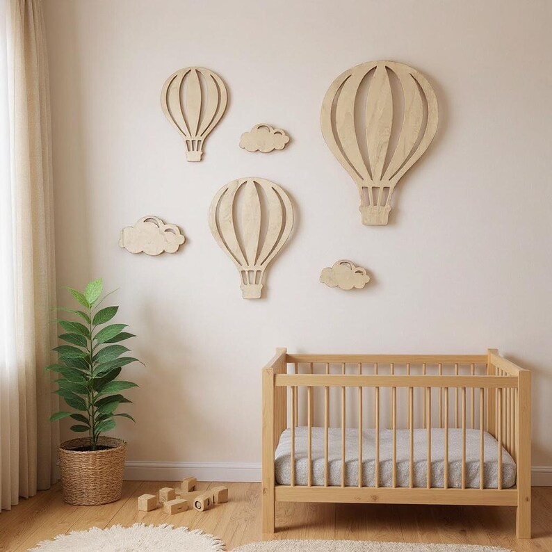 Wooden Hot Air Balloon Wall Decor | Nursery Cloud Wall Art Set | Baby ...