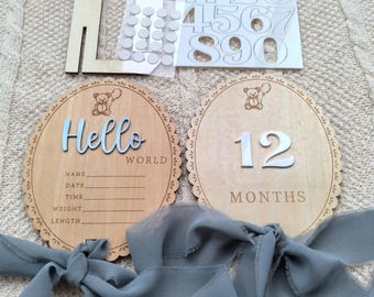 3D-mijlpaalmarkeringen voor baby's | Verwisselbare maandset | Hallo wereld pasgeboren aankondigingsbord | Babyfotorekwisiet | Kwekerijcadeau