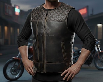 Chaleco de motociclista de piel de vaca negra para hombre: un regalo hecho a mano para él.