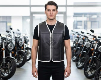 Men's Leather Motorcycle Vest: Cowhide Leather Biker Club Waistcoat
