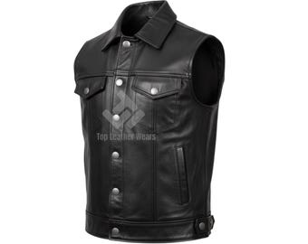 Men's Black Jean Style Leather Motorcycle Vest: Biker Vest Gift for Him