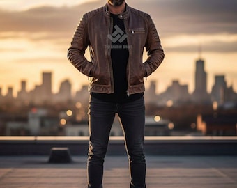Handmade Men Leather Jacket Vintage Style Moto Real Leather Gift For Him