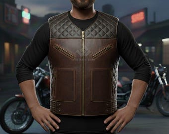 Men's Vintage Brown Motorcycle Vest: Handmade Biker Vest Gift for Him