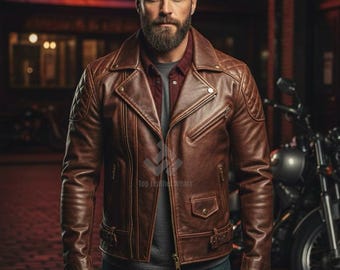 Men's Vintage Brown  Leather Jacket Biker Style Jacket Gift For Him