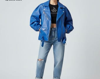 Jaqueta Bomber Feminina Oversized em Couro, Jaqueta Feminina em Pele de Carneiro Macia e Genuína