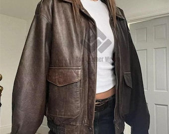 Oversized Brown Vintage Leather Bomber Jacket, Women Genuine Soft Sheepskin Jacket