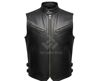 Men's Black Cowhide Leather Motorcycle Vest: Biker Vest Gift for Him