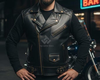 Men's Leather Motorcycle Vest: Cowhide Leather Biker Club Waistcoat