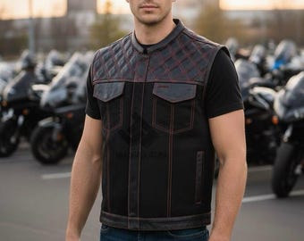 Men’s Biker Vest Hunt Club Leather Diamond Quilted Motorcycle Denim Style Vest