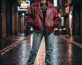 Jaqueta Bomber Feminina Oversized em Couro, Jaqueta Feminina em Pele de Carneiro Macia e Genuína