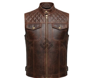Men's Brown Vintage  Leather Motorcycle Vest: Biker Vest Gift for Him