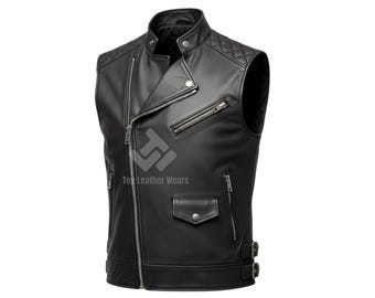 Cowhide  Leather Motorcycle Vest: Men's Black Biker Vest Gift for Him