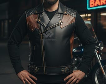 Men's Black Cowhide Leather Motorcycle Vest: Handmade Biker Vest Gift for Him