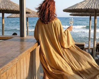 Boho Beachwear Kimono Robe, Beige Gold Frauen Maxi Badeanzug Cover-Up, Sommer Lounge Resort Wear, Strand Hochzeit Brautjungfer Outfit