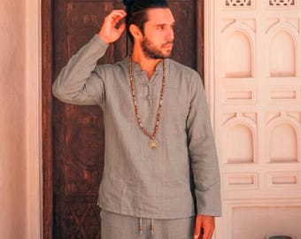 Japanisches Zen-Set für Herren: Stehkragen Tunika & Hose Leinen Baumwolle, Sommer Lounge Wear