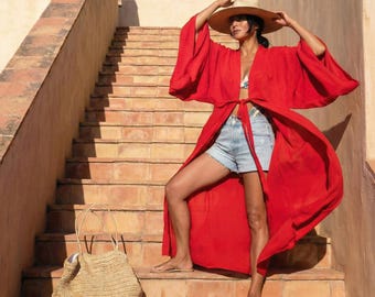 レッドビスコース着物ローブ、ボヘミアンビーチリゾートウェア、マキシ丈スイムカバーアップ、レディースラウンジホームウェア