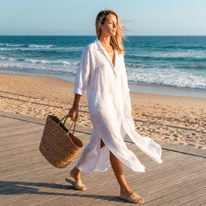 Lange witte shirtjurk dames, strandkleding zomerresort, casual zwemkleding doorschijnend badjas