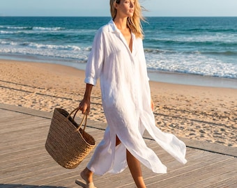 Robe chemise longue blanche pour femme, tenues de plage pour station balnéaire d'été, robe de bain transparente transparente pour femme