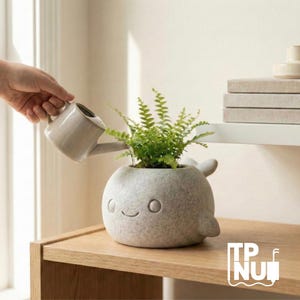 Puede incluir: Una maceta gris en forma de ballena de cerámica con una cara sonriente, que contiene un helecho verde. Una pequeña regadera gris está regando la planta. La maceta está sobre una mesa de madera.
