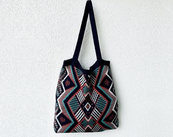 Gebreide Azteekse boekentas | Draagtas met geometrisch patroon, marineblauw koraalturkoois