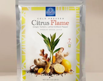 Polvo para shot de bienestar de jengibre, cúrcuma, limón y pimienta negra • Mezcla de jugo liofilizado prensado en frío