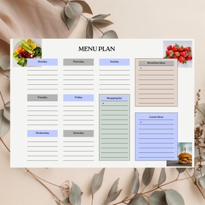 Pode incluir: Um modelo de plano de menu com o título "MENU PLAN" no topo. O modelo inclui seções para cada dia da semana, uma lista de compras e espaços para ideias de café da manhã e almoço. A imagem também apresenta fotos de comida.
