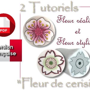 May include: Two PDF tutorials in French on how to make realistic and stylized cherry blossom flowers. The image shows two different flower designs, one with pink petals and one with white petals.