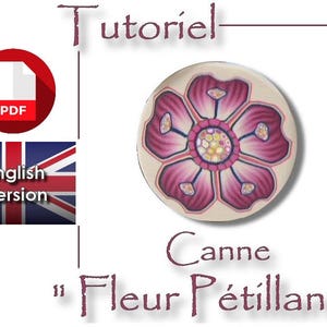 May include: A PDF tutorial for making a polymer clay cane called "Fleur Pétillante" with a pink and white flower design. The tutorial is in English.