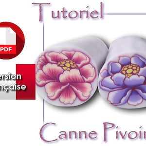 May include: A PDF tutorial in French for making a polymer clay cane with a peony flower design. The image shows two examples of the cane, one with a pink peony and one with a purple peony.