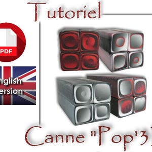 Op de afbeelding: Afbeelding met een PDF-pictogram en een Britse vlag met de tekst "English Version". De afbeelding toont ook verschillende rechthoekige blokken met rode en grijze patronen, en de tekst "Tutoriel" en "Canne Pop'3D."