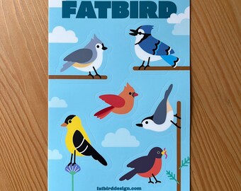 Fatbird Sticker Sheet (4x6): Titmouse, Nuthatch, Robin, Goldfinch, Blue Jay, Cardinal