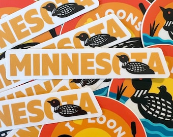 May include: A collection of stickers featuring the words "Minnesota" and "Loons" with a black and white loon bird graphic. The stickers are on a variety of backgrounds, including yellow, orange, and blue.