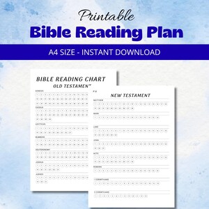 Puede incluir: Plan de lectura bíblica imprimible, con un diseño azul y blanco. El texto "Printable Bible Reading Plan" está en la parte superior, con "A4 SIZE - INSTANT DOWNLOAD" debajo. El gráfico incluye horarios de lectura del Antiguo y Nuevo Testamento.