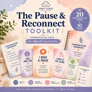 May include: A toolkit for communication, featuring cards and a workbook. The cards have phrases like "I need a pause" and "I need to feel heard." The workbook offers guided reflections. The kit is designed for difficult conversations.