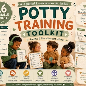 May include: A potty training toolkit for neurodivergent children featuring 16 printable resources. The graphic includes text, icons, and illustrations of children using visual schedules, communication cards, and reward charts to support toilet routines.