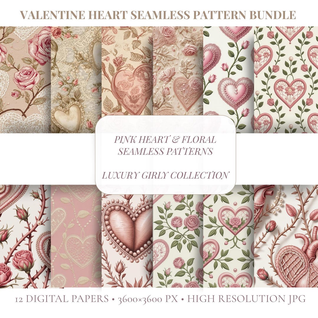 Vintage Valentine Heart Seamless Pattern Bundle, Pink Floral Digital ...