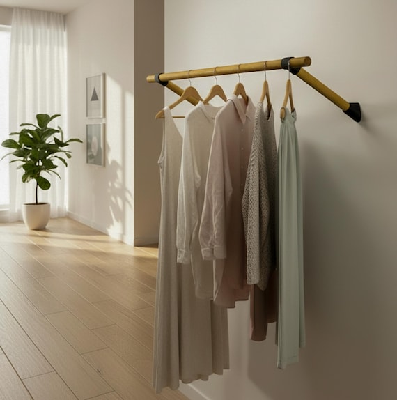 Wand-Kleiderstange aus Eiche | Minimalistische Wandhalterung für Kleidung | DIY Stecksystem, fest an der Wand montiert