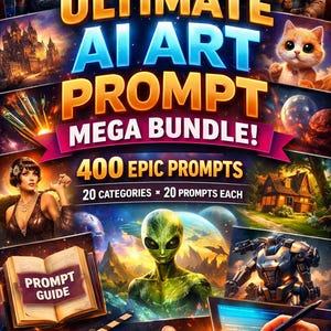 Op de afbeelding: Een promotieafbeelding voor een AI art prompt mega bundle. De afbeelding bevat de tekst "ULTIMATE AI ART PROMPT MEGA BUNDLE!" met de tekst "400 EPIC PROMPTS" en "20 CATEGORIES x 20 PROMPTS EACH". De afbeelding bevat ook de woorden "FANTASY", "SCIFI", "VINTAGE" en "CUTE & MORE!"