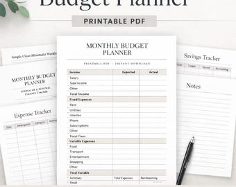 Planificador de presupuesto mensual imprimible / Registro financiero minimalista (PDF)