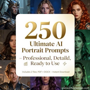 以下が含まれることがあります： 「Ultimate AI Portrait Prompts」を宣伝する、金色の「250」グラフィックのデジタル製品画像。画像は様々な人々の肖像画で囲まれています。テキストには「Professional, Detail, Ready to Use」が含まれています。2つのファイルが含まれています：PDF + DOCX。