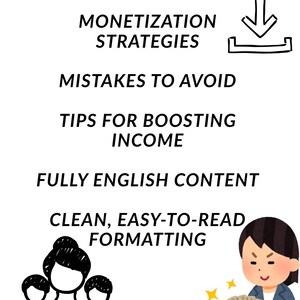 May include: White background with black text: "HOW TO START TODAY", "MONETIZATION STRATEGIES", "MISTAKES TO AVOID", "TIPS FOR BOOSTING INCOME", "FULLY ENGLISH CONTENT", "CLEAN, EASY-TO-READ FORMATTING". Includes illustrations of a download icon, people, and a person holding money.