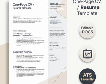 Plantilla de currículum vitae de una página en formato DOCX: editable, moderna y profesional, compatible con sistemas de seguimiento de candidatos (ATS).