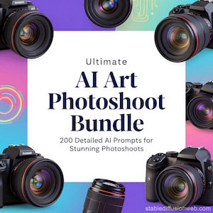 Op de afbeelding: Een promotieafbeelding met meerdere zwarte DSLR-camera's en lenzen rondom een witte vierkant. De vierkant toont de tekst "Ultimate AI Art Photoshoot Bundle" en "200 Detailed AI Prompts for Stunning Photoshoots".