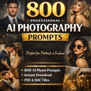 Op de afbeelding: Een advertentie voor "800 professionele AI-fotografie prompts". De afbeelding toont een gouden banner met de tekst "AI PHOTOGRAPHY PROMPTS" en het nummer "800" in goud. De advertentie bevat afbeeldingen van mensen en de tekst "Perfect for Portraits & Fashion."