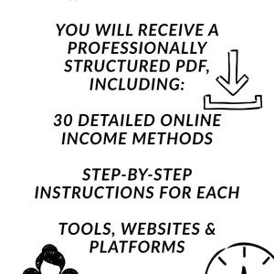 May include: White graphic with the text "WHAT'S INSIDE" and a list of what is included: 30 online income methods, step-by-step instructions, tools, websites, platforms, and pros & cons. Includes a download icon and a clock.