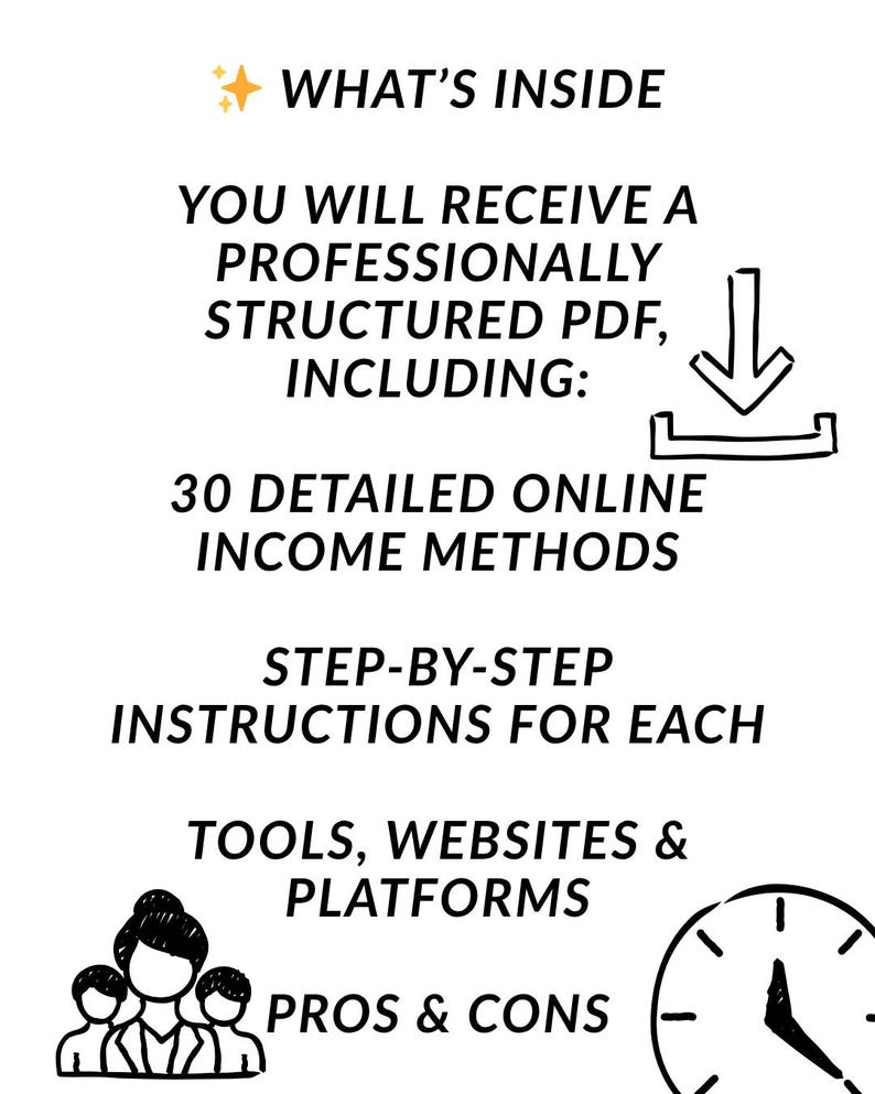 May include: White graphic with the text "WHAT'S INSIDE" and a list of what is included: 30 online income methods, step-by-step instructions, tools, websites, platforms, and pros & cons. Includes a download icon and a clock.